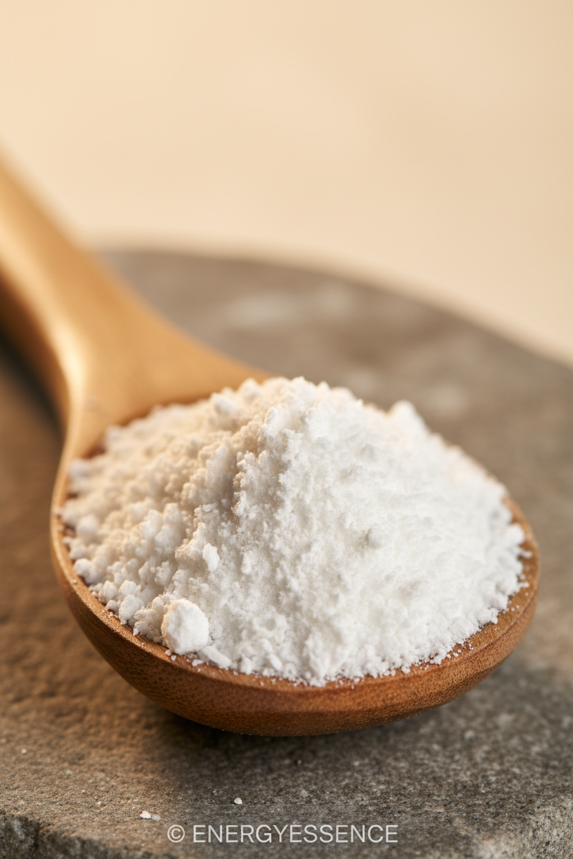 Close-up of magnesium powder on wooden spoon