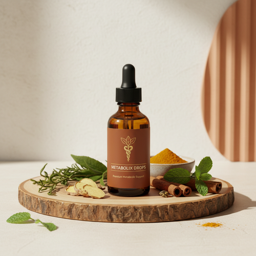 Balance Metabolic Support Ritual - Premium amber dropper bottle with herbs on natural wood © EnergyEssence