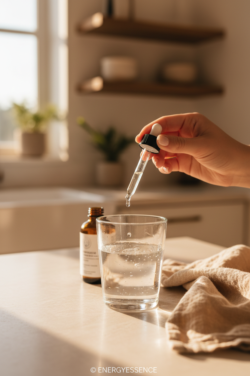 Hand adding magnesium drops to water glass