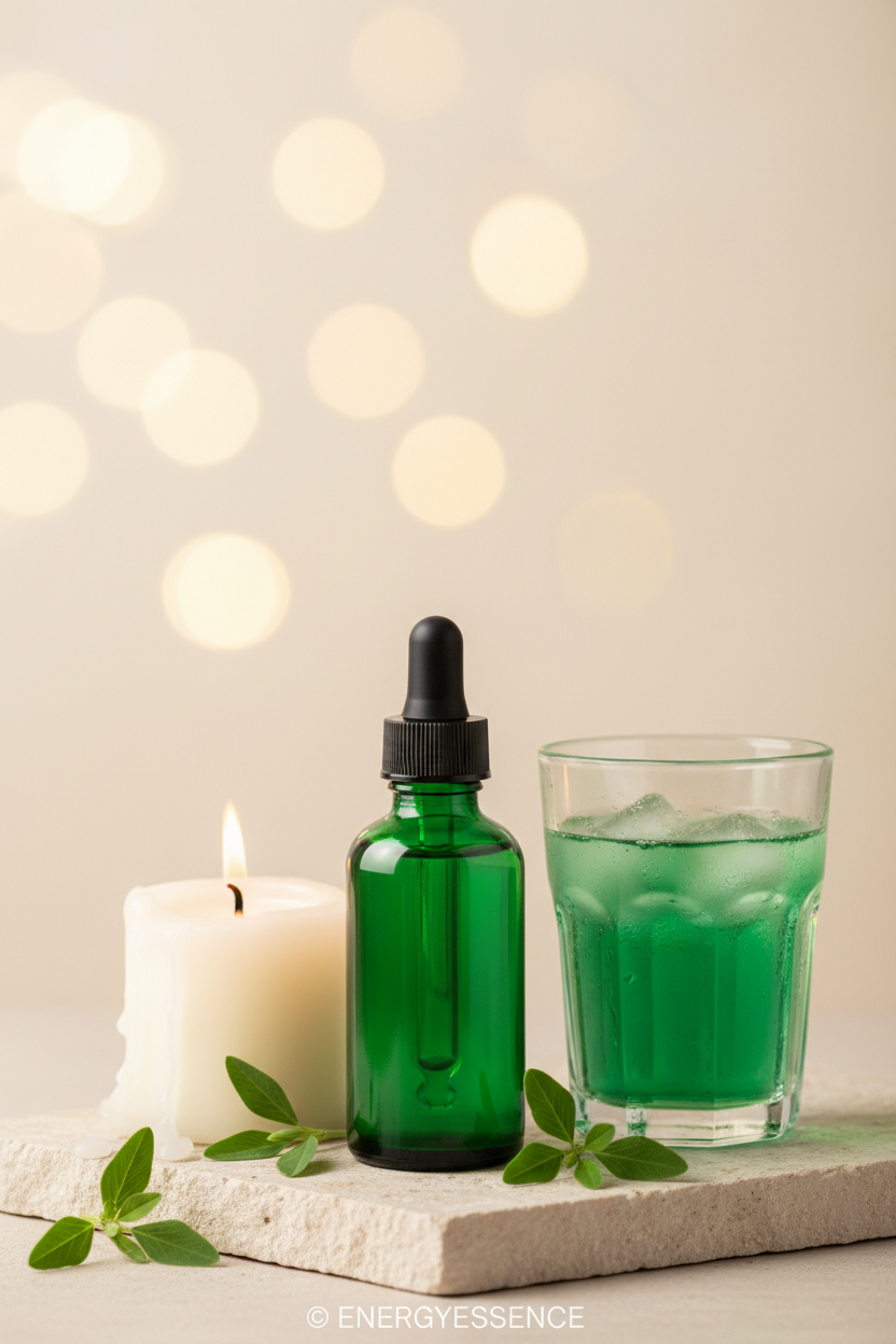 Liquid chlorophyll in green bottle with emerald water