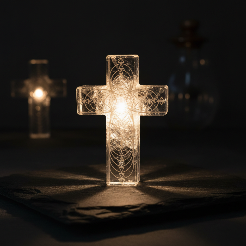 Illuminate — Sacred Cross Crystal Light by EnergyEssence glowing on dark slate surface