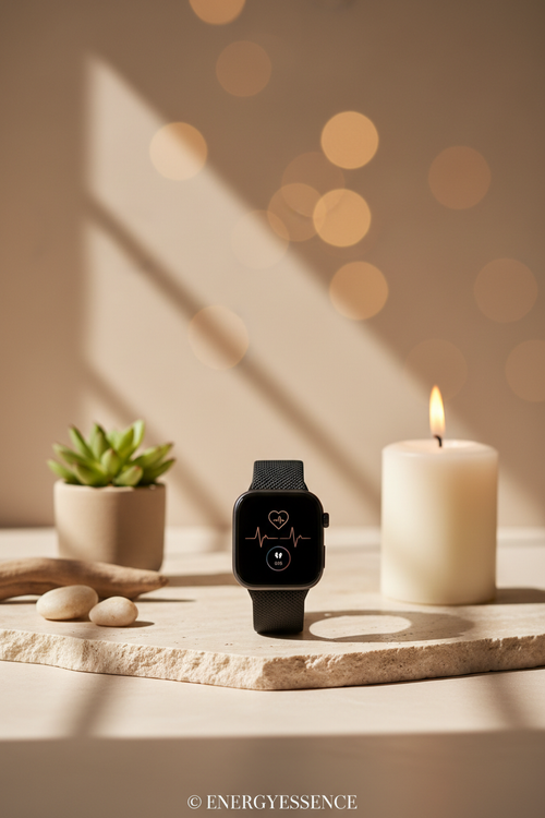 Wellness tracking smartwatch on stone with candle