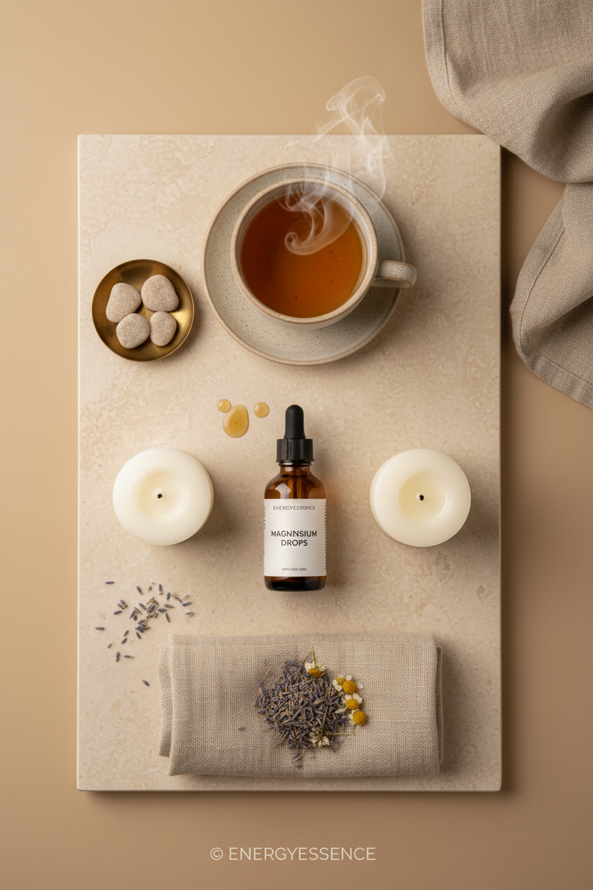 Flat lay of magnesium drops with lavender and tea