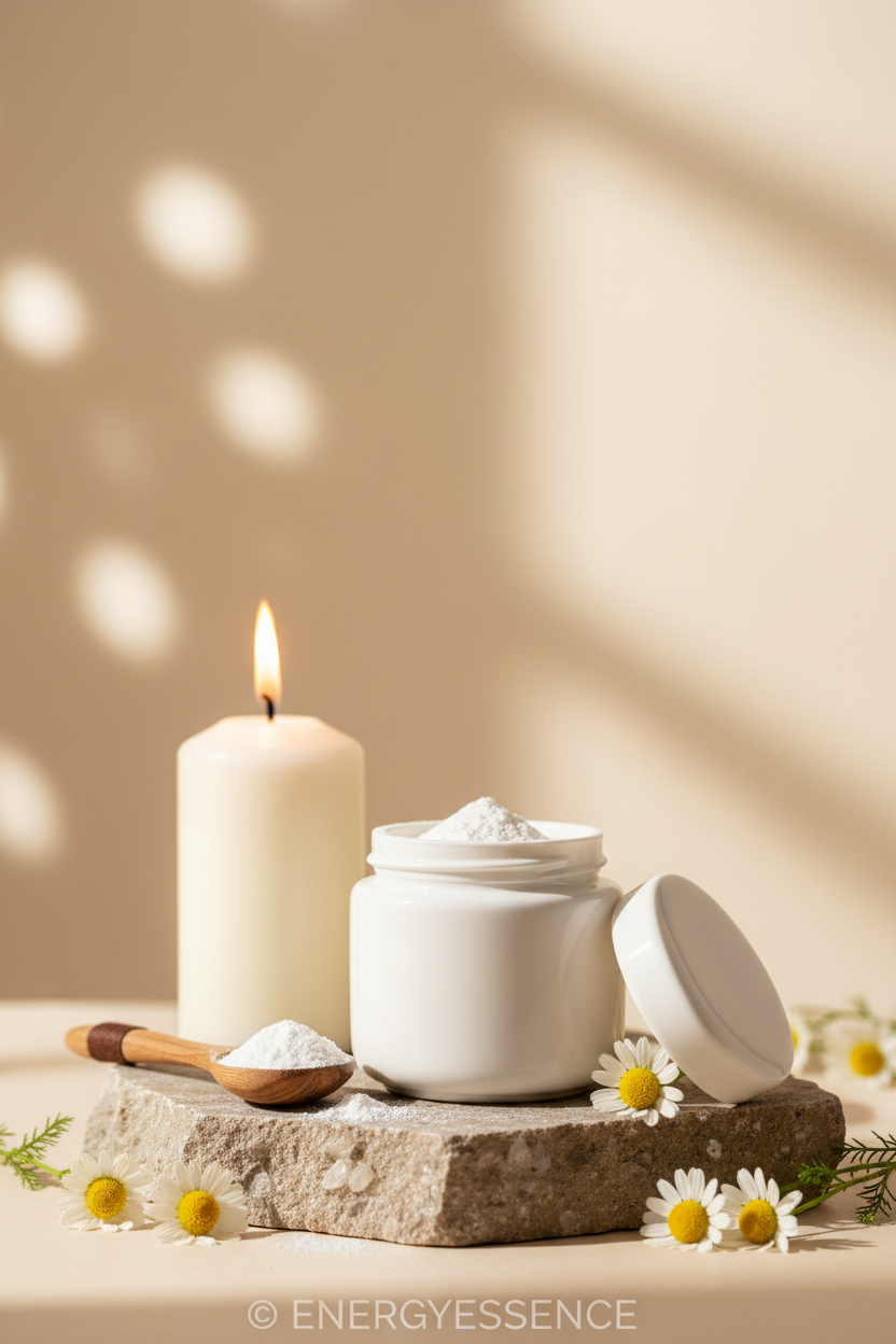 Open jar showing magnesium powder with wooden spoon