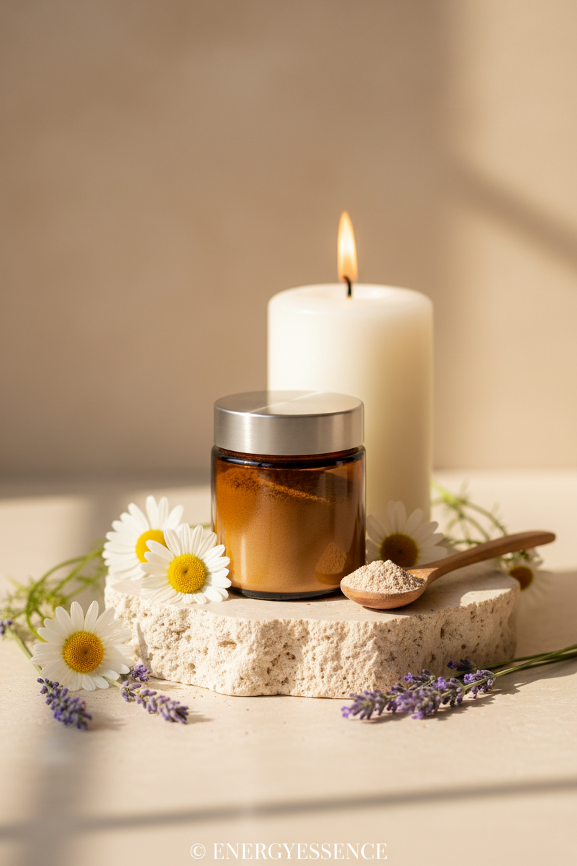 Magnesium powder in amber jar on stone with candle