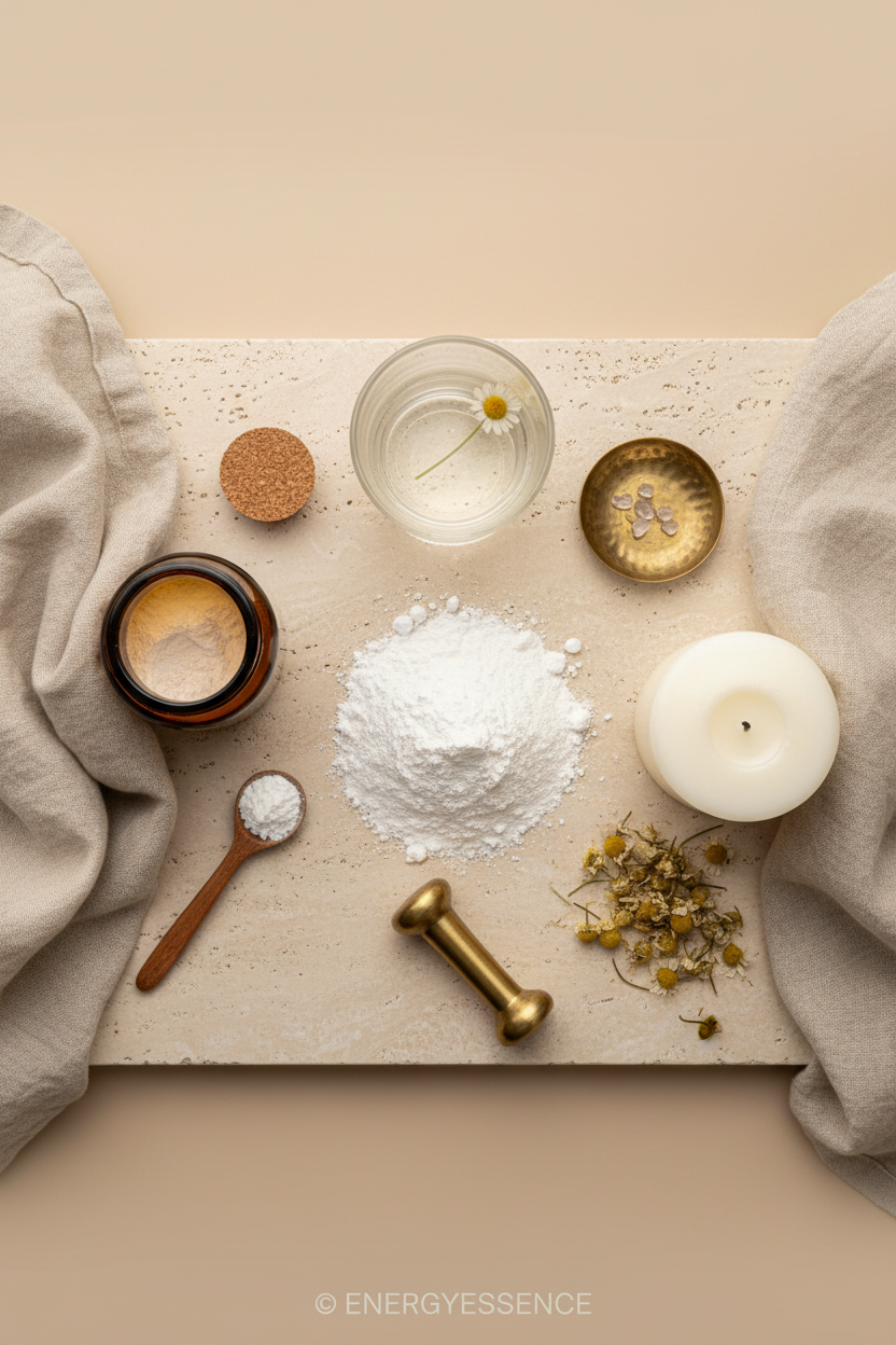 Flat lay of magnesium powder with recovery ritual elements