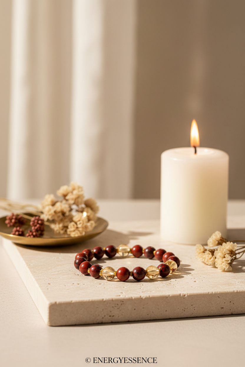 Crystal bracelet with bloodstone, jasper, citrine on stone