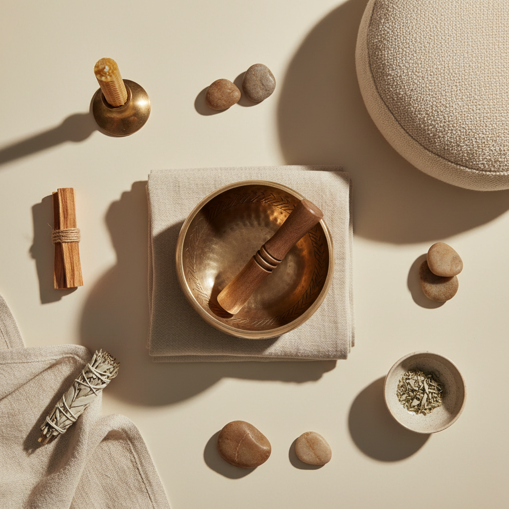 Meditation tools flat lay - Handcrafted singing bowl with ritual elements on linen © EnergyEssence