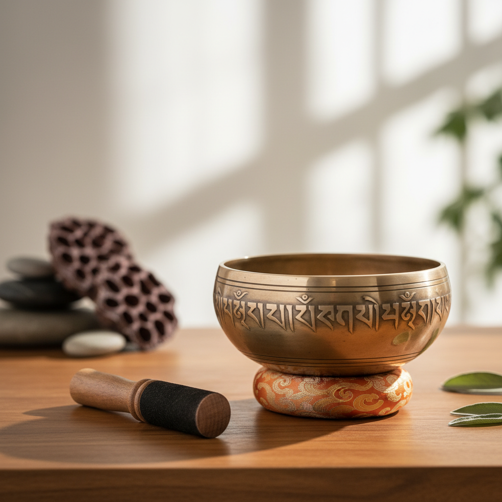 Resonance Handcrafted Singing Bowl - Premium Tibetan bronze bowl with Buddha mantra design © EnergyEssence