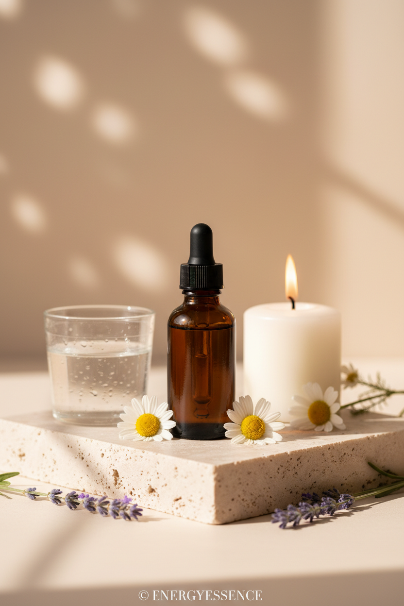 Magnesium liquid drops in amber bottle on stone with candle