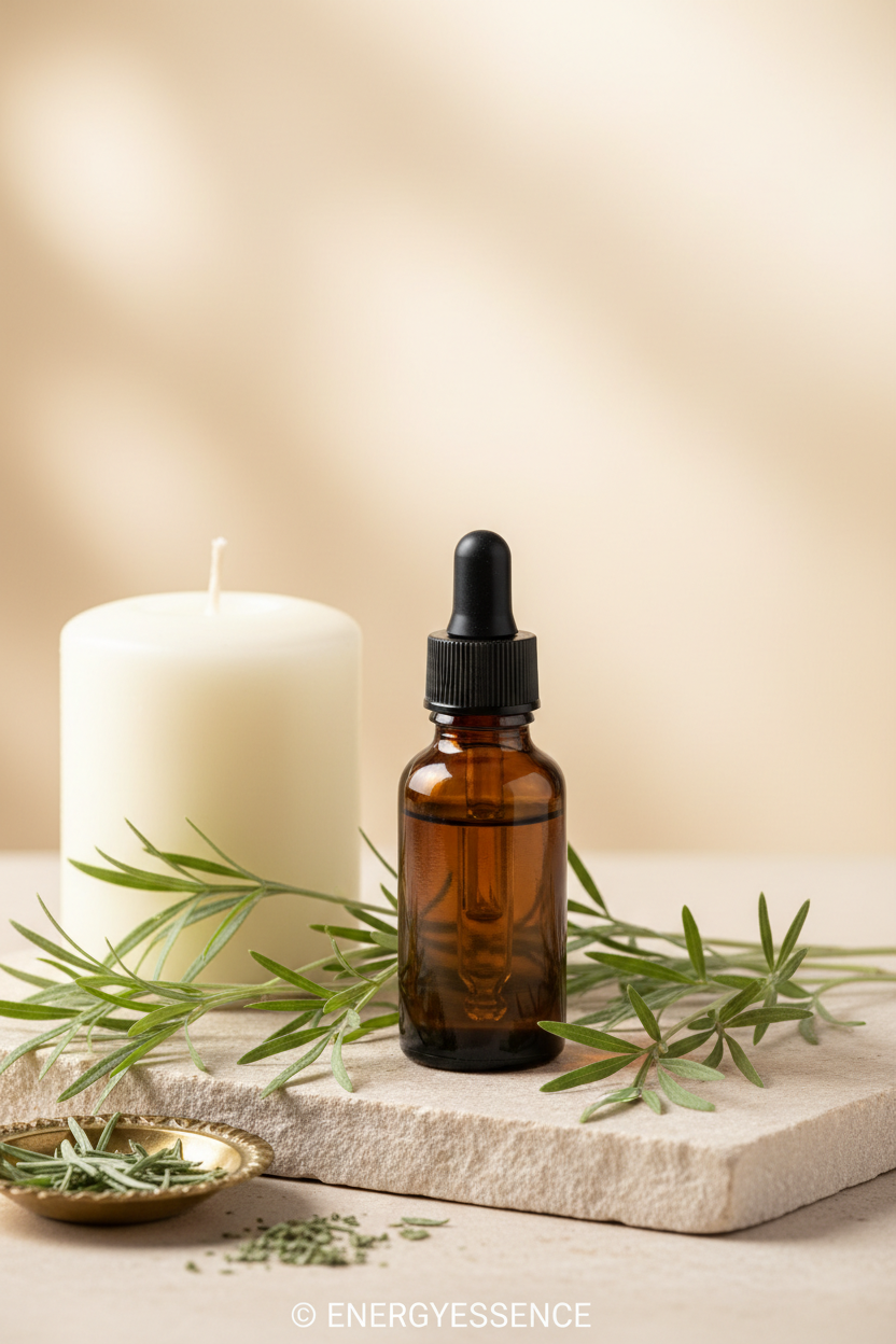 Wormwood essential oil in amber bottle with artemisia