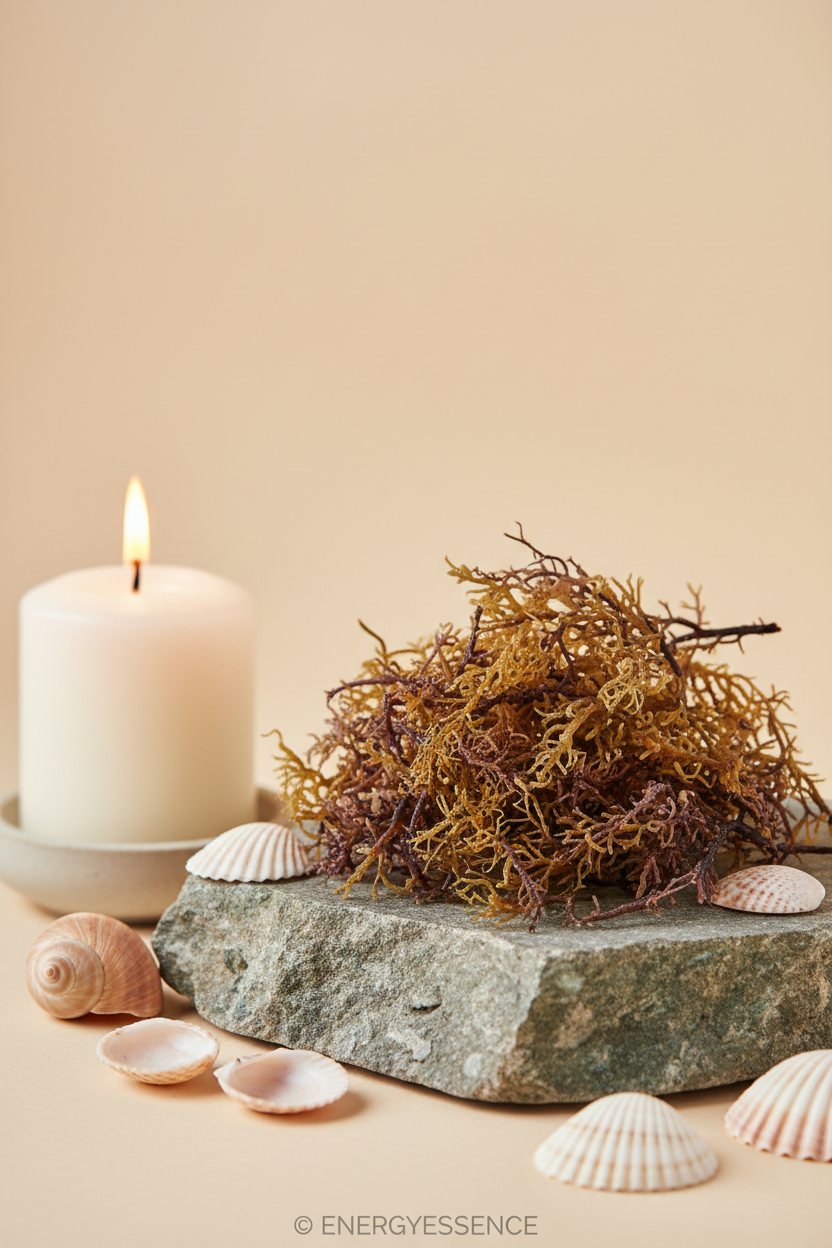 Raw wildcrafted sea moss on stone with ocean shells